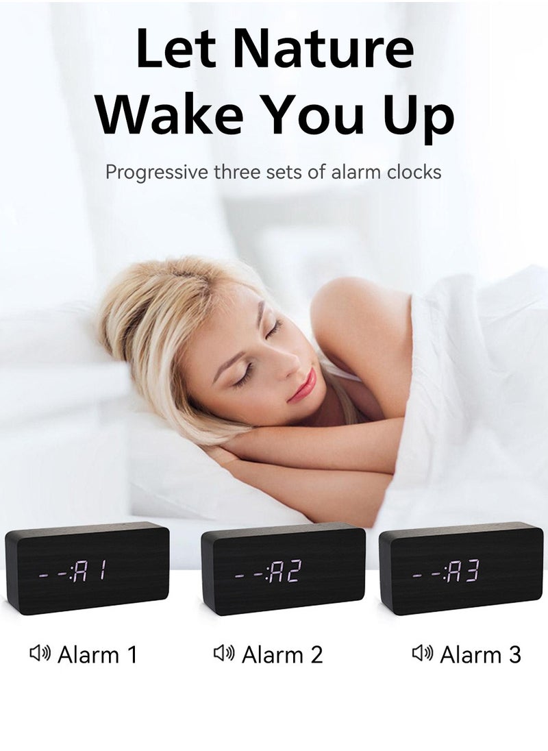 LEOKOR - Wooden Alarm Clock, Digital Clock with USB Port, Adjustable Brightness, Temperature Display, for Heavy Sleepers - Image 1