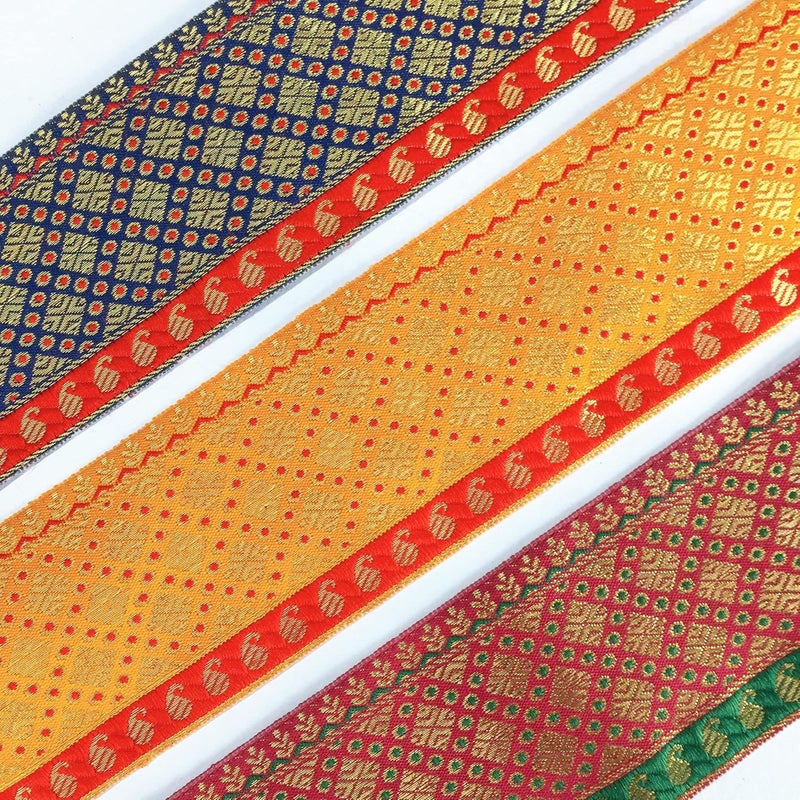 Lami لأمي 9 متر تصميم مربع أصفر جاكار بروكاد حافة دانتيل لفستان، ساري، ليهينغا، حافة، دوباتا، حقيبة، حرفة وزينة - Image 3