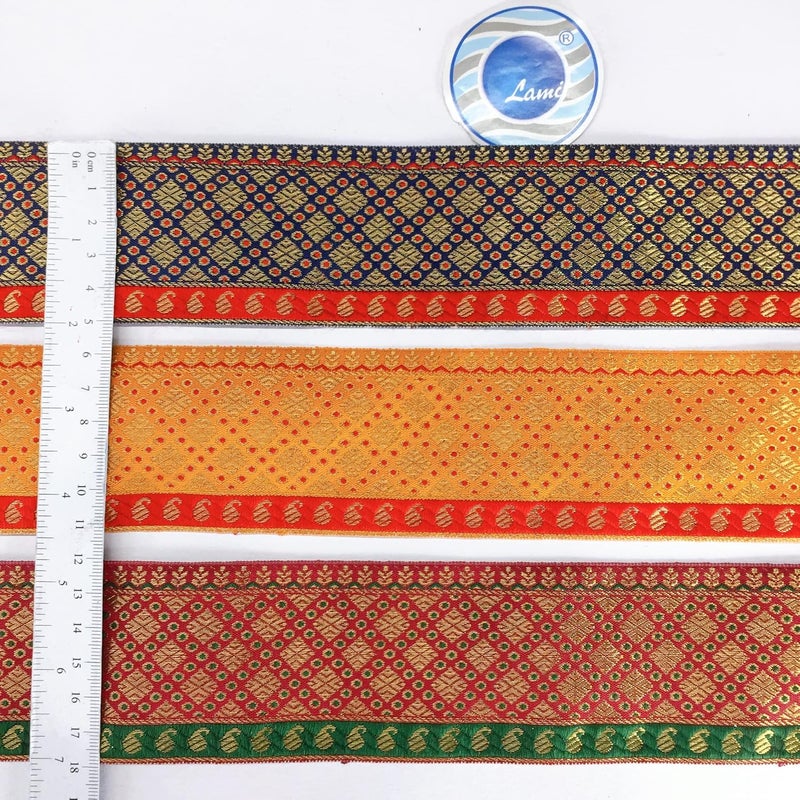 Lami لأمي 9 متر تصميم مربع أصفر جاكار بروكاد حافة دانتيل لفستان، ساري، ليهينغا، حافة، دوباتا، حقيبة، حرفة وزينة - Image 4