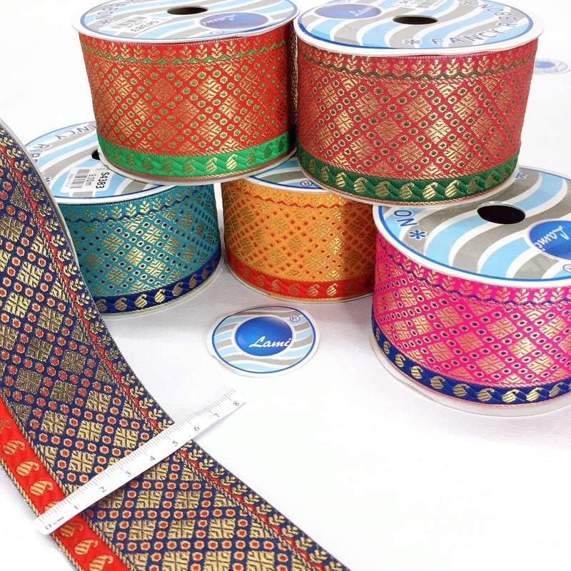 Lami لأمي 9 متر تصميم مربع أصفر جاكار بروكاد حافة دانتيل لفستان، ساري، ليهينغا، حافة، دوباتا، حقيبة، حرفة وزينة - Image 2