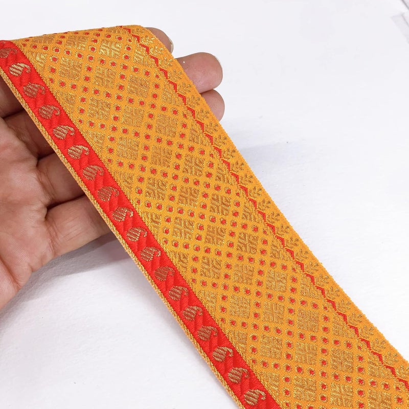 Lami لأمي 9 متر تصميم مربع أصفر جاكار بروكاد حافة دانتيل لفستان، ساري، ليهينغا، حافة، دوباتا، حقيبة، حرفة وزينة - Image 5