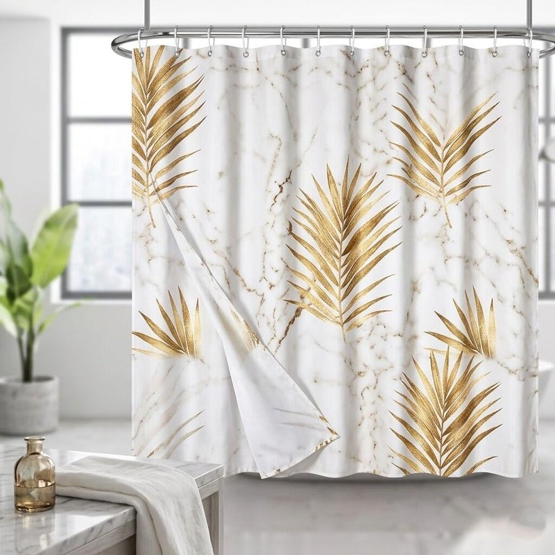 Gold Botanical Waterproof Shower Curtain – Modern Banana Lotus Leaf Design – 71 x 71 inch (180 x 180 cm) – Elegant Decorative Shower Curtain for Bathtub with Splash Guard (Gold Trim)