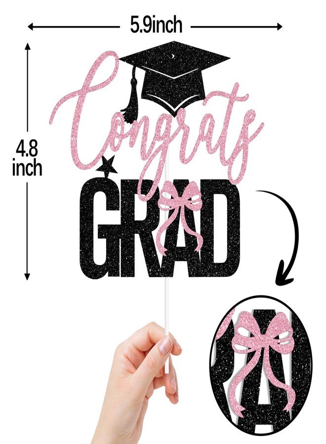 ZACHAKO Black & Pink Glitter Congrats Grad Cake Topper, Bowties Coquette Class of 2026 Decor, Bow 2026 Graduation Party Decorations Supplies for Graduate Girls Boys - Image 2