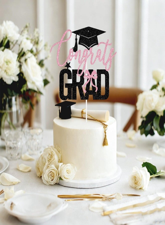 ZACHAKO Black & Pink Glitter Congrats Grad Cake Topper, Bowties Coquette Class of 2026 Decor, Bow 2026 Graduation Party Decorations Supplies for Graduate Girls Boys - Image 3