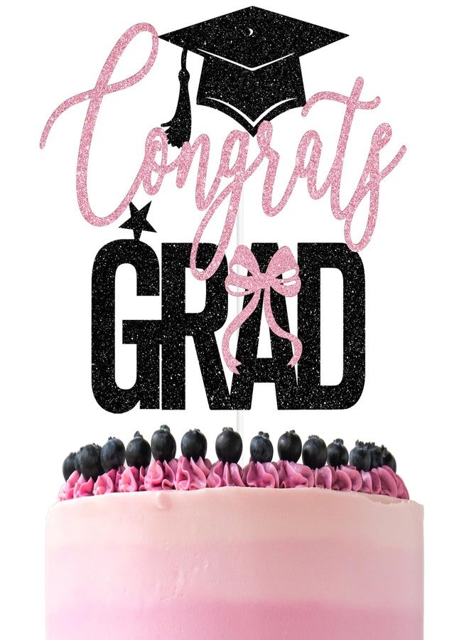 ZACHAKO Black & Pink Glitter Congrats Grad Cake Topper, Bowties Coquette Class of 2026 Decor, Bow 2026 Graduation Party Decorations Supplies for Graduate Girls Boys - Image 1