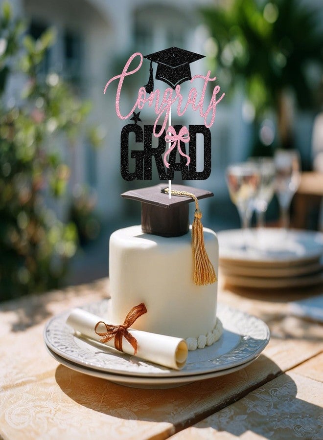 ZACHAKO Black & Pink Glitter Congrats Grad Cake Topper, Bowties Coquette Class of 2026 Decor, Bow 2026 Graduation Party Decorations Supplies for Graduate Girls Boys - Image 5
