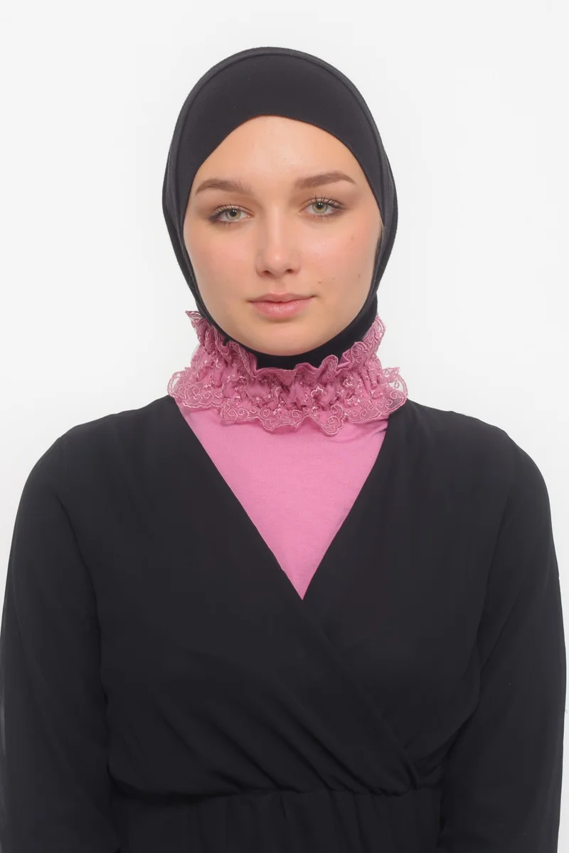 التوبة Women's Lace, Frilly, Elastic Gathered Turtleneck, Turtleneck Hijab Neck Collar - Dark Pink