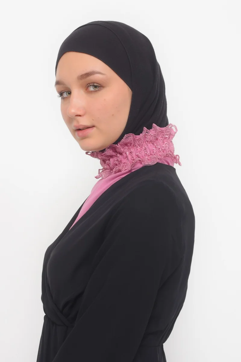 التوبة Women's Lace, Frilly, Elastic Gathered Turtleneck, Turtleneck Hijab Neck Collar - Dark Pink