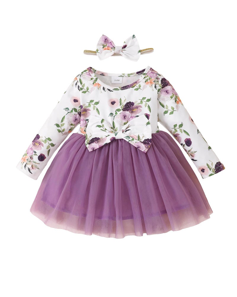 Mioglrie Baby Girl Dress Newborn Baby Girl Dresses 3-6 Months Infant Fall Winter Purple Floral Tutu Tulle Headband Outfits - Image 1
