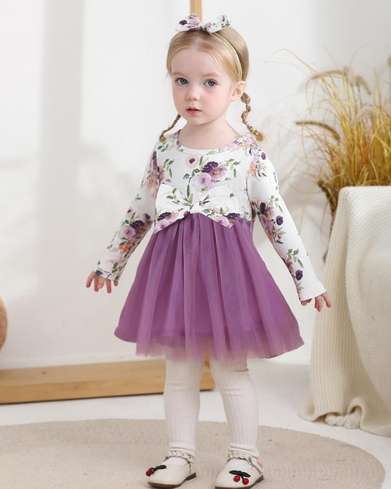 Mioglrie Baby Girl Dress Newborn Baby Girl Dresses 3-6 Months Infant Fall Winter Purple Floral Tutu Tulle Headband Outfits - Image 2