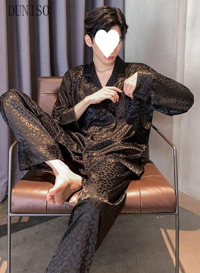 DUNISO 2-Piece Pajamas Sets For Men Long Sleeves and Trousers Silk Homewear Full Button-down Top with Notch Collar Shirt Sleepwear Set Spring Autumn Luxury Loungewear - Image 4