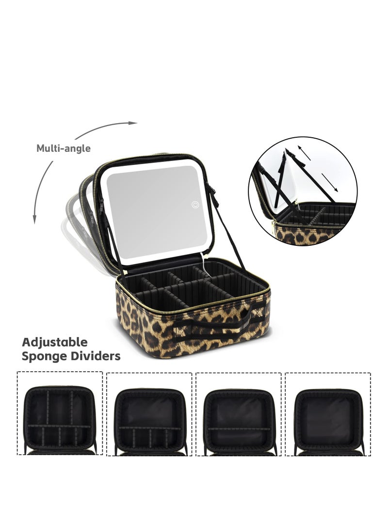 KHAJUL Makeup Bag with Mirror of LED Lighted and Detachable 10x Magnifying Mirror, Cosmetic Bag Organizer with Adjustable Dividers (Leopard)  - Image 3