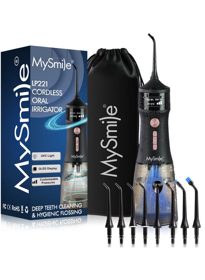 MySmile Lp221 Self Cleaning Uvc Light Cordless Water Flossers For Teeth 335Ml Portable Oled Display Dental Flosser With 4 Modes 8 Jet Tips And A Storage Pouch For Home And Travel (Midnight Black) - Image 1
