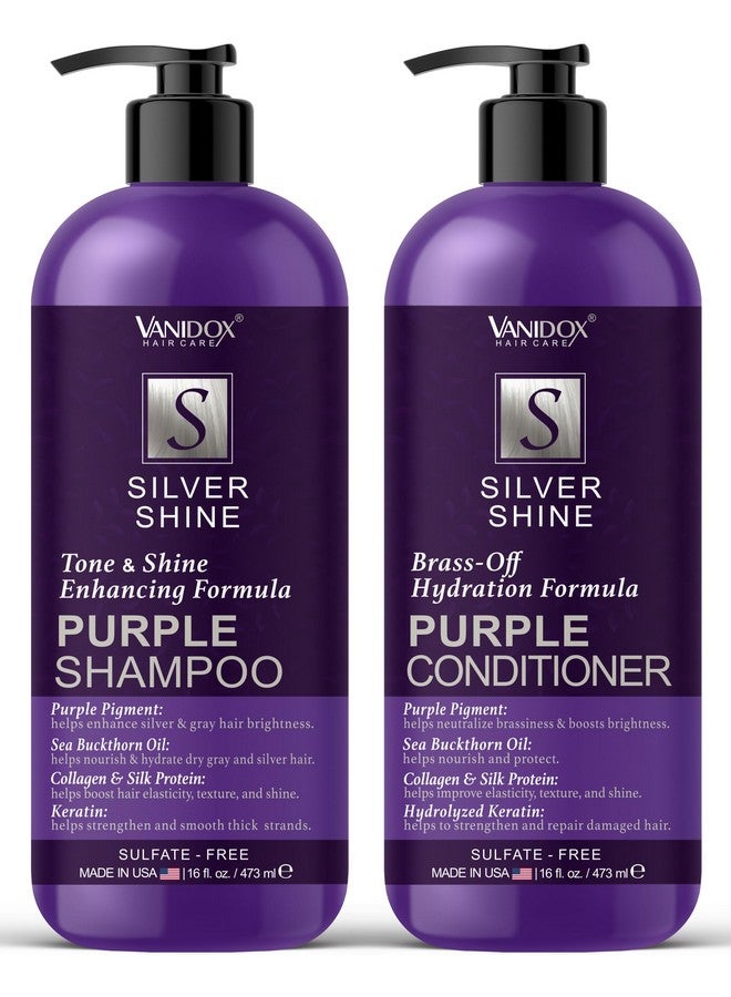 VANIDOX Sulfate Free Purple Shampoo and Conditioner Set for Grey and Silver Hair, Brass Toning Purple Shampoo Infused with Purple Pigment, Purple Shampoo for Gray Hair for Women (16 fl oz each) - Image 1
