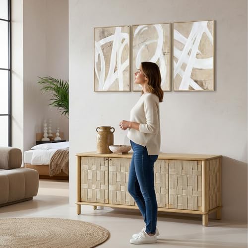 Zessonic Neutral Abstract Wall Art Minimalist White Brown Pastel Paint Strokes Shapes Textured Framed Wall Decor Artwork Canvas Paintings- Living Room Bedroom Office Modern Neutral 16"x24" 3 piece - Image 3