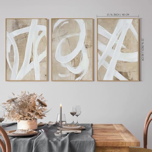 Zessonic Neutral Abstract Wall Art Minimalist White Brown Pastel Paint Strokes Shapes Textured Framed Wall Decor Artwork Canvas Paintings- Living Room Bedroom Office Modern Neutral 16"x24" 3 piece - Image 2