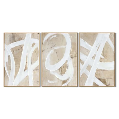 Zessonic Neutral Abstract Wall Art Minimalist White Brown Pastel Paint Strokes Shapes Textured Framed Wall Decor Artwork Canvas Paintings- Living Room Bedroom Office Modern Neutral 16"x24" 3 piece - Image 1