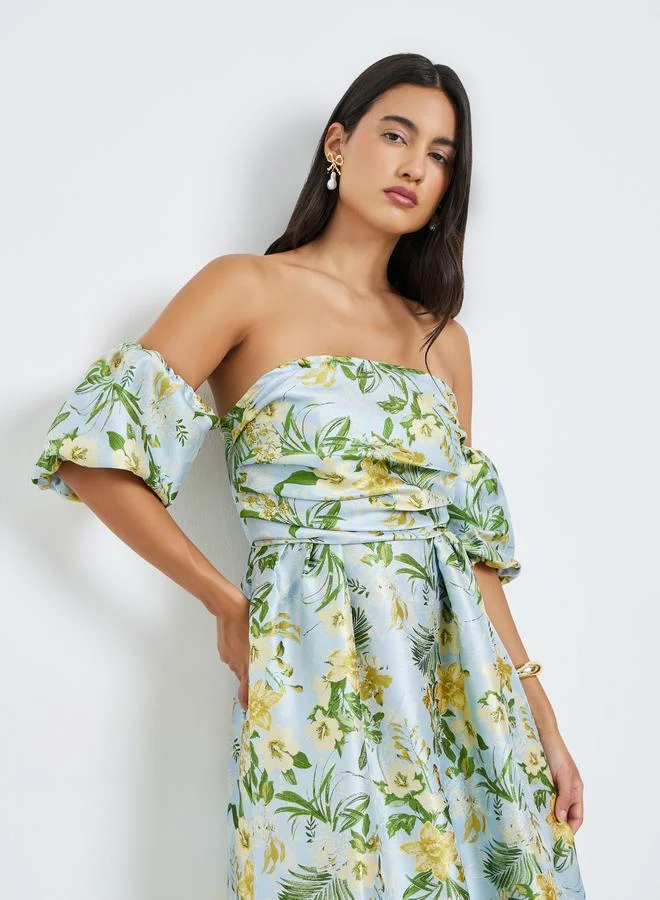 Styli Floral Print Off-Shoulder A-Line Maxi Dress