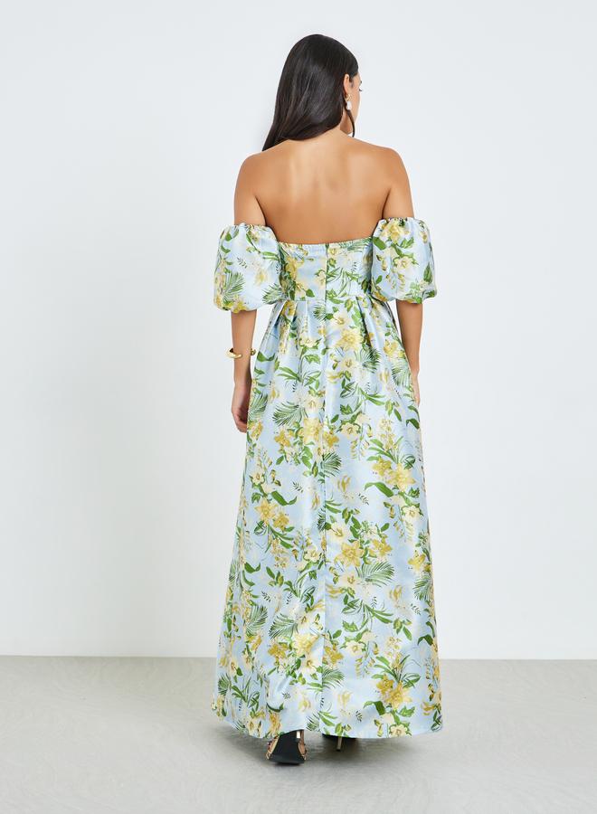 ستايلي فستان ماكسي بحافة واسعة وطبعة زهور وأكتاف مكشوفة - Image 5