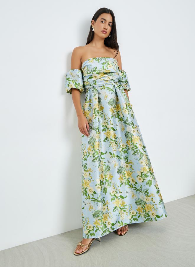 ستايلي فستان ماكسي بحافة واسعة وطبعة زهور وأكتاف مكشوفة - Image 3