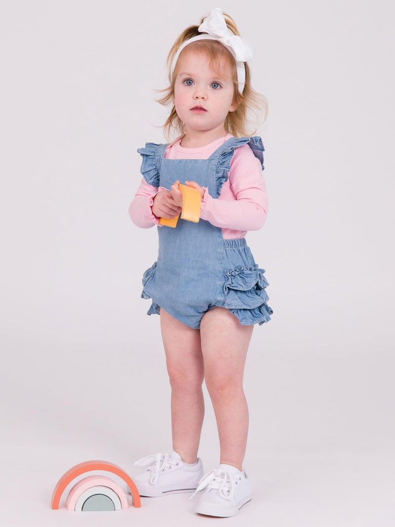 RuffleButts Light Wash Flutter Overall Romper - 12-18m - Image 3