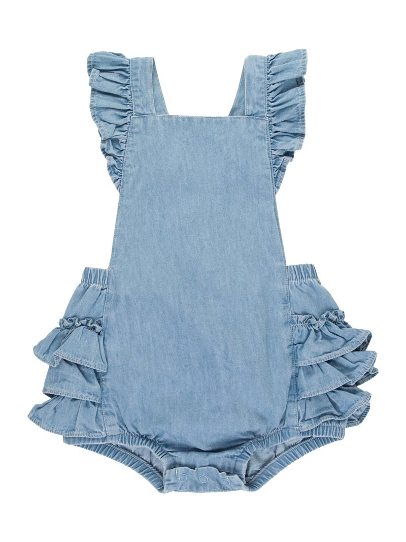 RuffleButts Light Wash Flutter Overall Romper - 12-18m - Image 1