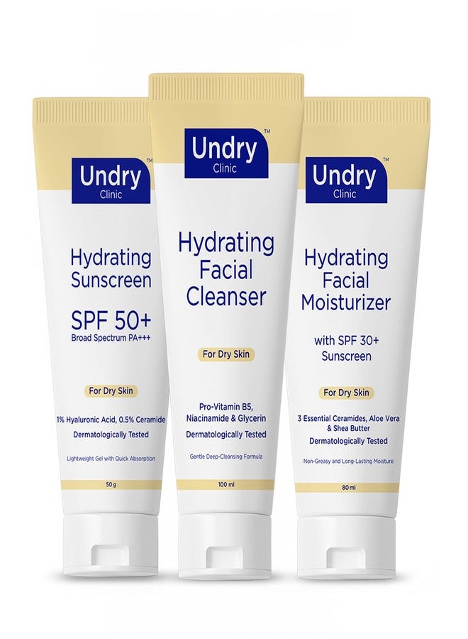 Undry Hydrating Skincare Combo for Dry Skin | Facial Cleanser 100ml + SPF 50+ Sunscreen 50g + Facial Moisturizer with SPF 30+ 80ml | With Ceramides, Hyaluronic Acid & Pro-Vitamin B5 - Image 1