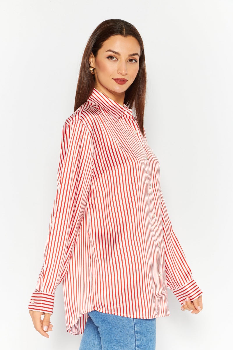 ESPRIT Women Spread Collar Long Sleeve Stripe Shirt, Red  - Image 3