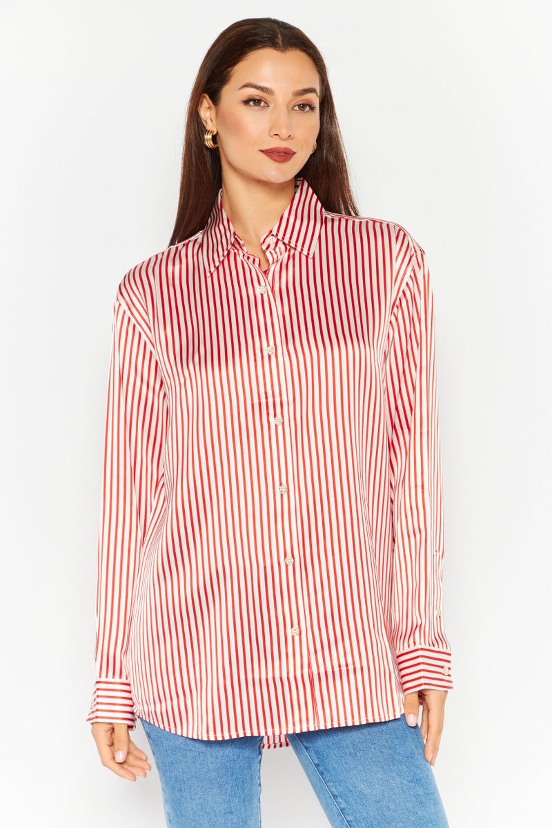 ESPRIT Women Spread Collar Long Sleeve Stripe Shirt, Red  - Image 1