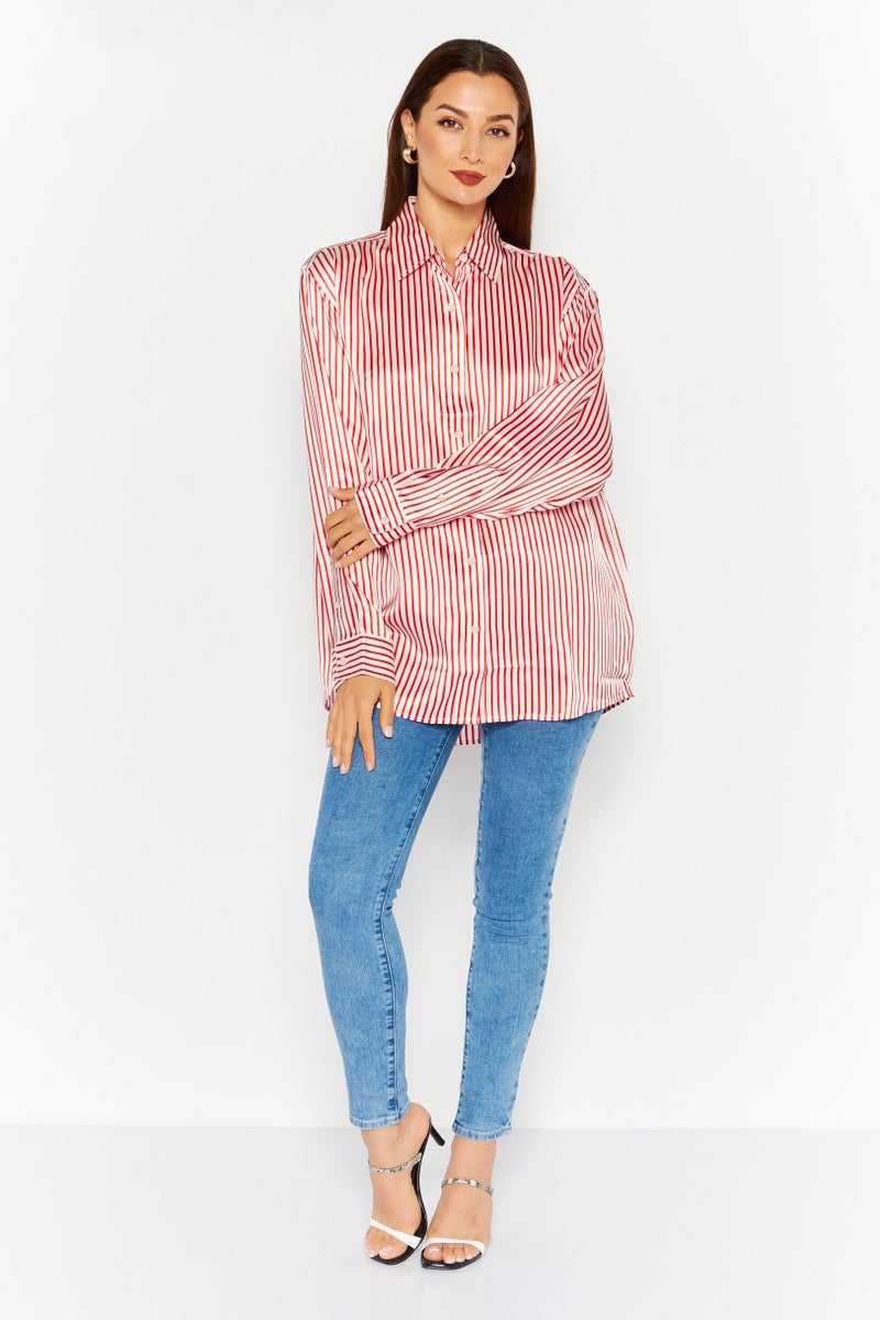 ESPRIT Women Spread Collar Long Sleeve Stripe Shirt, Red  - Image 2