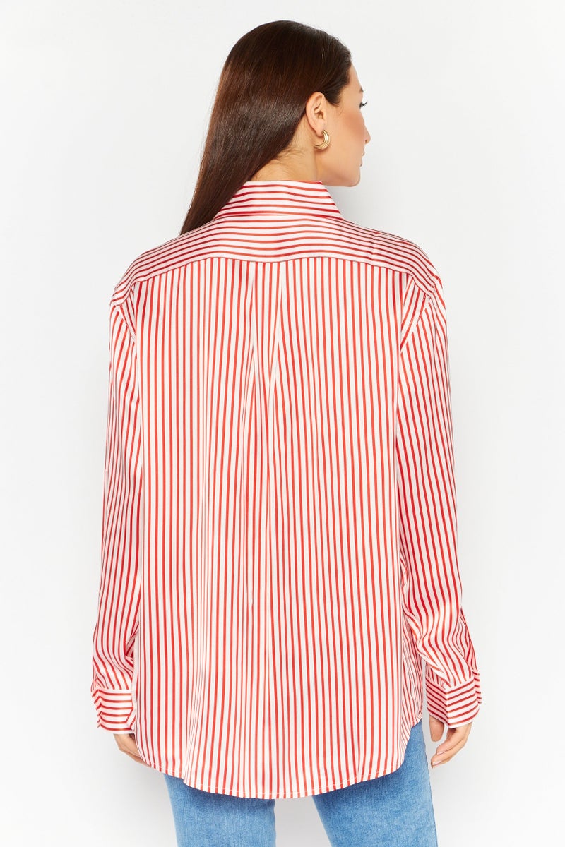 ESPRIT Women Spread Collar Long Sleeve Stripe Shirt, Red  - Image 4