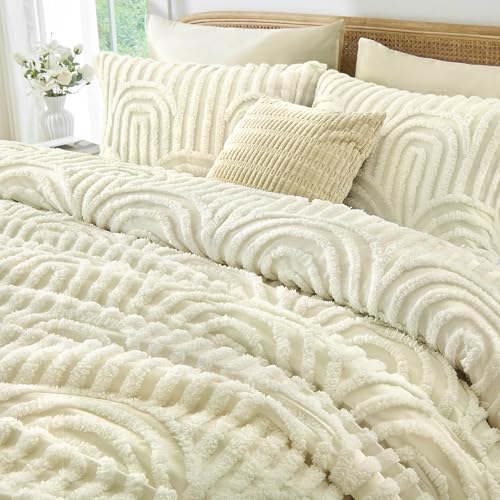 Nesker Boho Tufted King Comforter Set, 7 Pcs Beige Bedding Sets, Soft Cozy Chic Bed in a Bag, Arch Pattern Shabby Bed Set All Season with Comforter, Fitted Sheet, Flat Sheet & Pillowcases - Image 4