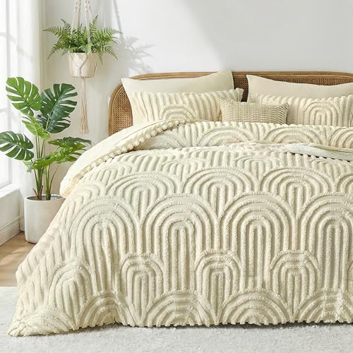 Nesker Boho Tufted King Comforter Set, 7 Pcs Beige Bedding Sets, Soft Cozy Chic Bed in a Bag, Arch Pattern Shabby Bed Set All Season with Comforter, Fitted Sheet, Flat Sheet & Pillowcases - Image 1