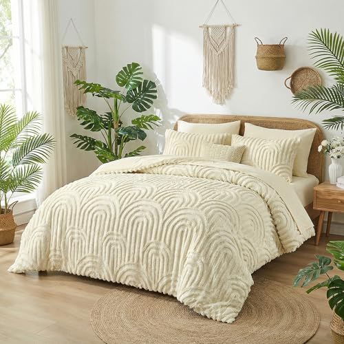Nesker Boho Tufted King Comforter Set, 7 Pcs Beige Bedding Sets, Soft Cozy Chic Bed in a Bag, Arch Pattern Shabby Bed Set All Season with Comforter, Fitted Sheet, Flat Sheet & Pillowcases - Image 2