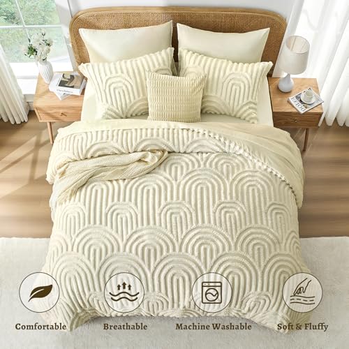 Nesker Boho Tufted King Comforter Set, 7 Pcs Beige Bedding Sets, Soft Cozy Chic Bed in a Bag, Arch Pattern Shabby Bed Set All Season with Comforter, Fitted Sheet, Flat Sheet & Pillowcases - Image 3