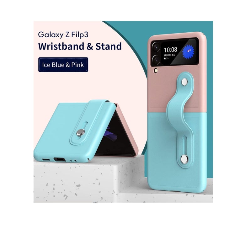 SOLARAE Mobile Phone Protective Case,  for Z Flip 3 5G 2021 with Hand Strap Cover PU Leather Compatible with Fit for Samsung Galaxy Z Flip 3 5G Case Wristband Plastic PC (Pink Blue) - Image 5