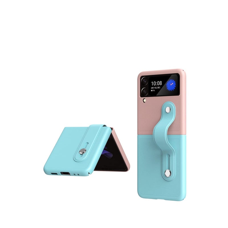 SOLARAE Mobile Phone Protective Case,  for Z Flip 3 5G 2021 with Hand Strap Cover PU Leather Compatible with Fit for Samsung Galaxy Z Flip 3 5G Case Wristband Plastic PC (Pink Blue) - Image 1