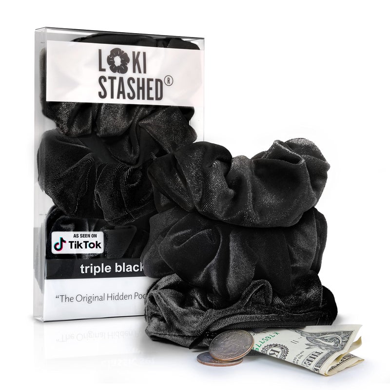 LokiStashed 3PACK Velvet Hair Tie Scrunchies for VSCO Girls  Women THE ORIGINAL HIDDEN POCKET SCRUNCHIE with Zipper Pocket Storage Accessories Small Items Keys Money Triple Black Set