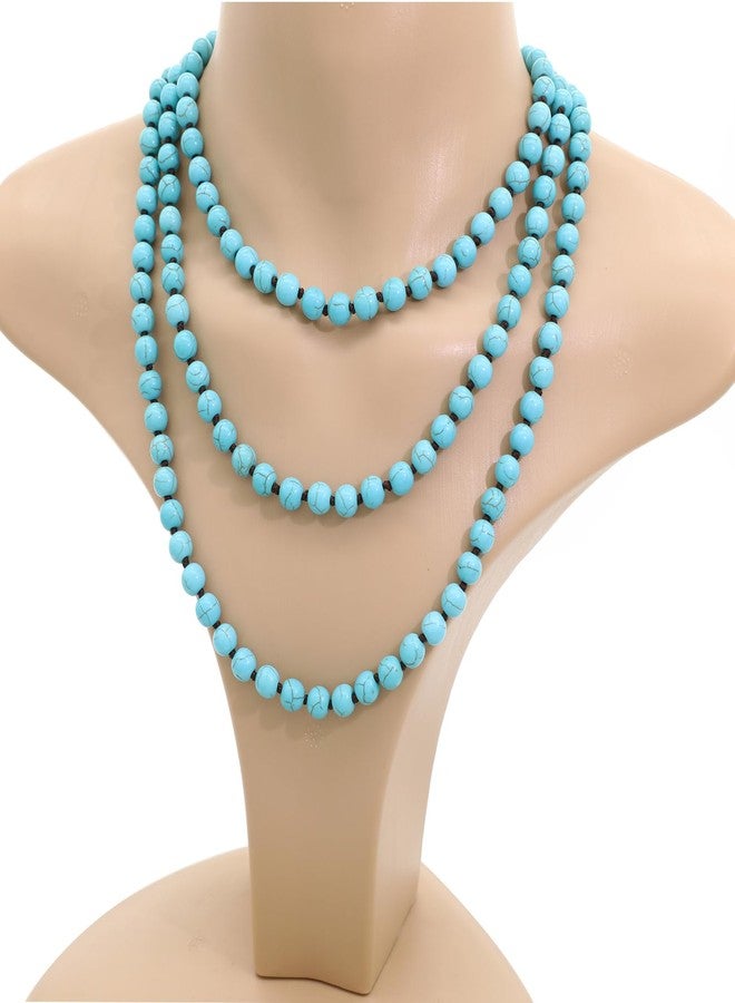 We We Long Versatile Handmade Beaded Natural Stone Necklace For Women Round Beads Multi Layer Knotted Wrap Semi Precious 8mm Stones Statement Necklace 60 inches (Turquoise 8mm 60inches) - Image 5