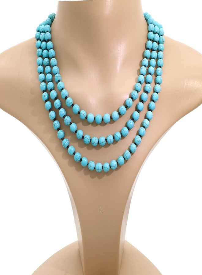 We We Long Versatile Handmade Beaded Natural Stone Necklace For Women Round Beads Multi Layer Knotted Wrap Semi Precious 8mm Stones Statement Necklace 60 inches (Turquoise 8mm 60inches) - Image 4