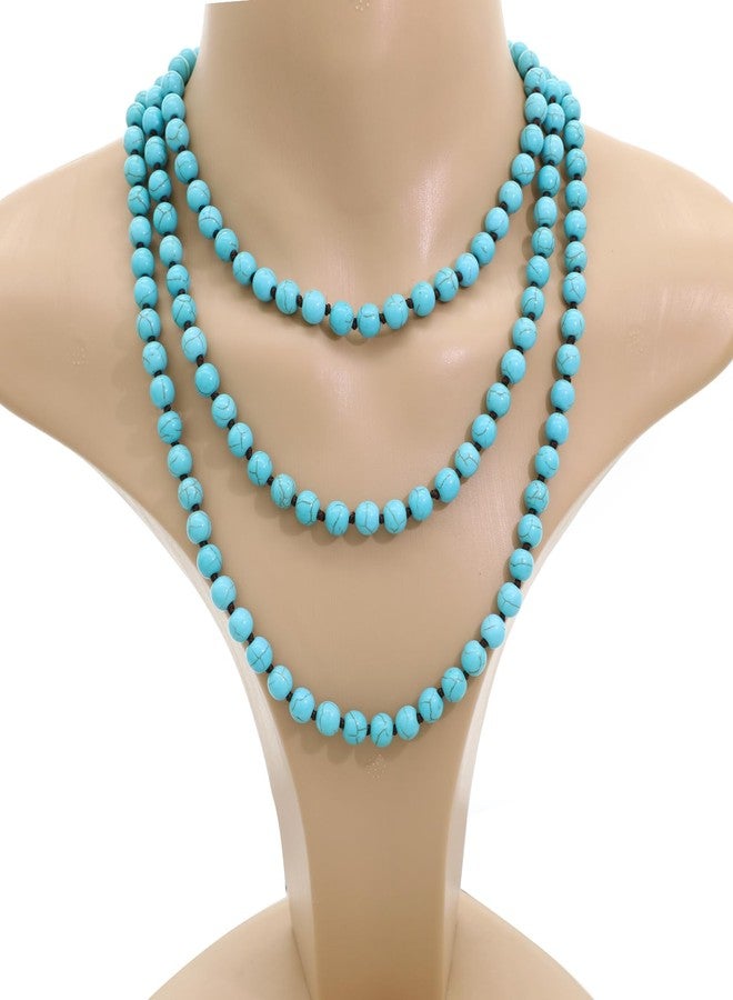 We We Long Versatile Handmade Beaded Natural Stone Necklace For Women Round Beads Multi Layer Knotted Wrap Semi Precious 8mm Stones Statement Necklace 60 inches (Turquoise 8mm 60inches) - Image 3