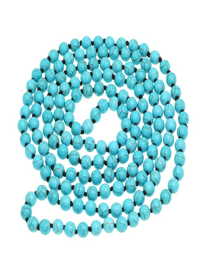 We We Long Versatile Handmade Beaded Natural Stone Necklace For Women Round Beads Multi Layer Knotted Wrap Semi Precious 8mm Stones Statement Necklace 60 inches (Turquoise 8mm 60inches) - Image 2