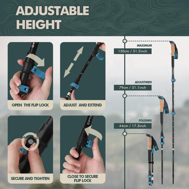 GPTCAMP Walking Sticks,Trekking Poles Collapsible Hiking Poles,Lightweight Folding Travel Walking Pole for Men Women,2pc Adjustable Hiking Stick with EVA Foam Grips for Backpacking,Blue - Image 3