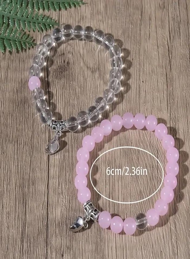 Bigwheels Magnetic Valentines Day Mutual Attraction Forever Matching Distance Broken Heart Love Couples Promise 2 in 1 Duo Wrist Band Cuff Elastic Field 8mm Plain Transparent & Pink Beads Stone Moti Bracelets - Image 3
