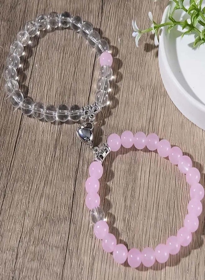 Bigwheels Magnetic Valentines Day Mutual Attraction Forever Matching Distance Broken Heart Love Couples Promise 2 in 1 Duo Wrist Band Cuff Elastic Field 8mm Plain Transparent & Pink Beads Stone Moti Bracelets - Image 5