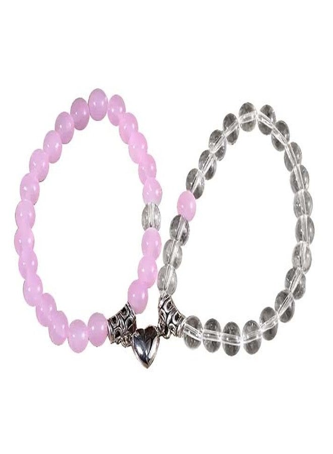 Bigwheels Magnetic Valentines Day Mutual Attraction Forever Matching Distance Broken Heart Love Couples Promise 2 in 1 Duo Wrist Band Cuff Elastic Field 8mm Plain Transparent & Pink Beads Stone Moti Bracelets - Image 1