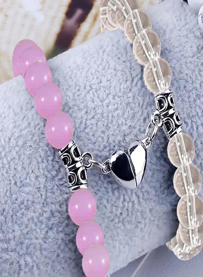 Bigwheels Magnetic Valentines Day Mutual Attraction Forever Matching Distance Broken Heart Love Couples Promise 2 in 1 Duo Wrist Band Cuff Elastic Field 8mm Plain Transparent & Pink Beads Stone Moti Bracelets - Image 4