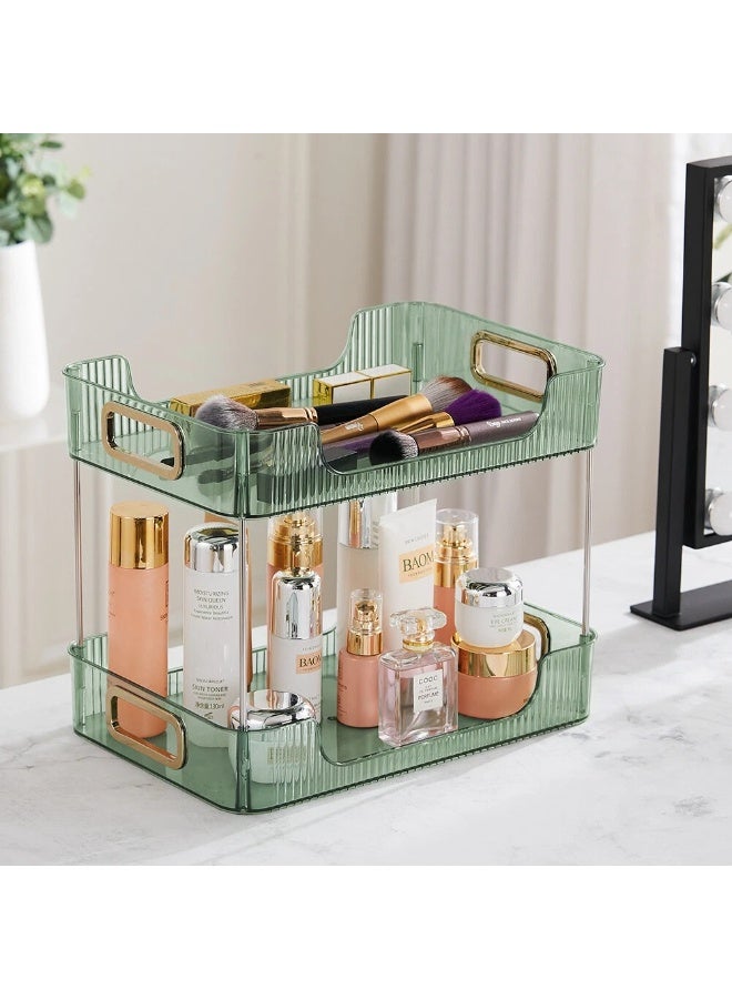 2-Tier Acrylic Stackable Organizer Space-Saving Multi-Purpose Storage Rack for Cosmetics, Perfumes, Skincare, and Kitchen Essentials Modern Countertop Organizer for Bathroom, Kitchen & Vanity (30×25 cm)- Green - Image 1