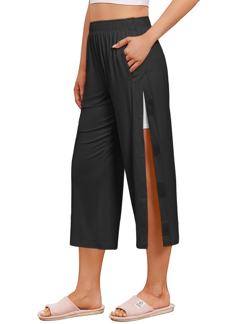 Deyeek Womens Tear Away Pants Capri Post Knee Ankle Replacement Surgery Pants Breakaway Sweatpants Side Snap with Pockets Black - Image 1