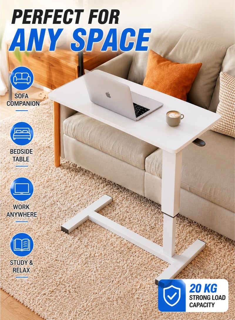 WALALLA Adjustable Overbed Table with Rolling Wheels, 80x40cm C-Shaped Laptop Desk, Height Adjustable Bedside Sofa Side Table for Working, Reading, Dining, Couch & Living Room, White - Image 1